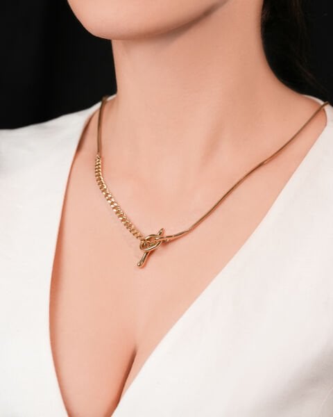 14 Ayar Altın Roberto Bravo Çift Zincir Tasarım Kolye