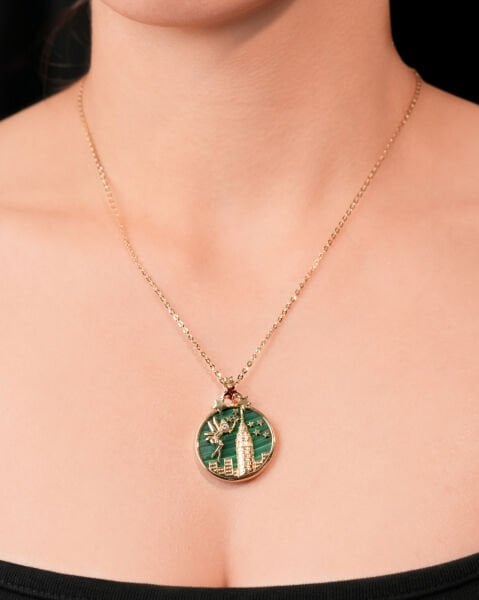 14 Ayar Altın Malahit Taşlı Galata Kulesi Tasarım Kolye