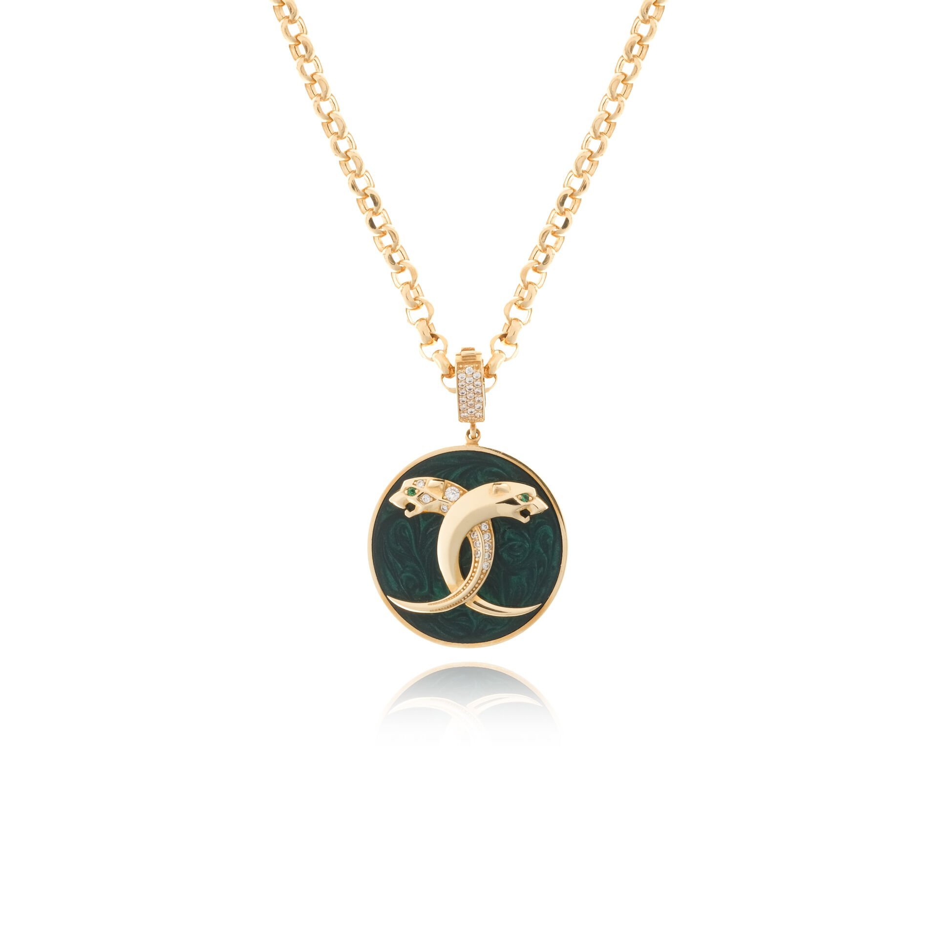 14 Ayar Altın Yeşil Mine Puma Figürlü Kolye