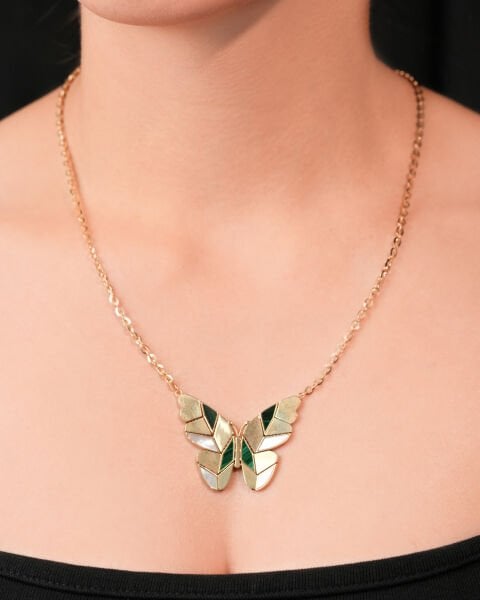 14 Ayar Altın Malahit Taşlı Kelebek Kolye