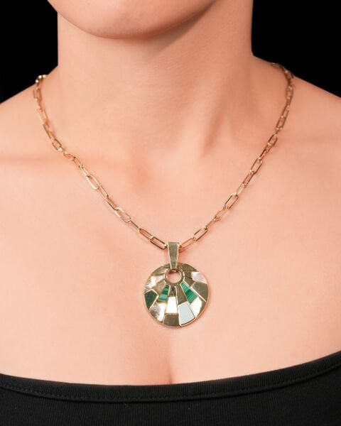 14 Ayar Altın Malahit Taşlı Halka Tasarım Kolye