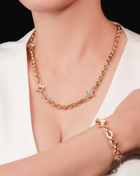 Genola 14 Ayar Altın Taşlı Yıldız Tasarım (Kolye & Bileklik Seti)