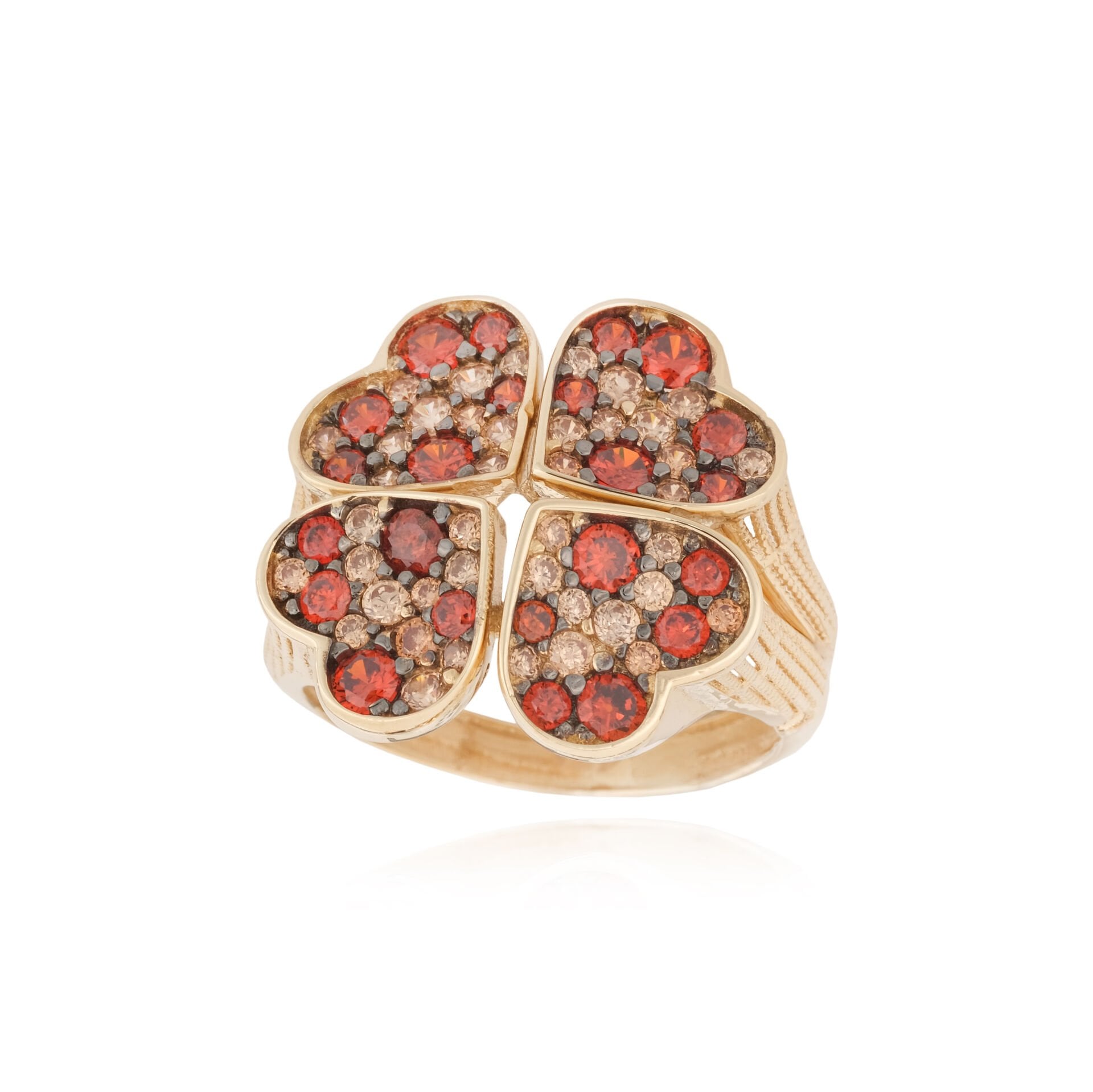 14 Ayar Altın Citrin Taşlı Yonca Kalp Yüzük