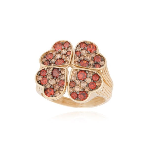 14 Ayar Altın Citrin Taşlı Yonca Kalp Yüzük