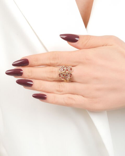 14 Ayar Altın Citrin Taşlı Yonca Kalp Yüzük