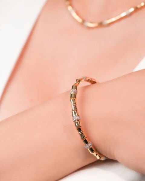 14 Ayar Altın Taşlı Bambu Tasarım Bileklik