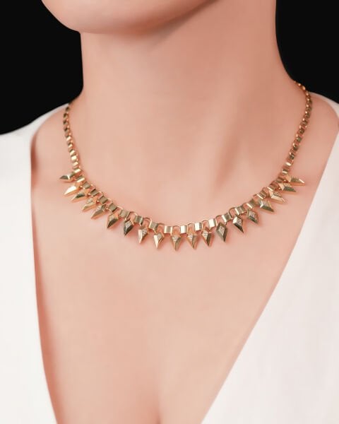 Ema 14 Ayar Altın Taşlı Üçgen Tasarım Set (Kolye - Bileklik)