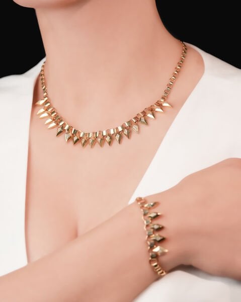 Ema 14 Ayar Altın Taşlı Üçgen Tasarım Set (Kolye - Bileklik)