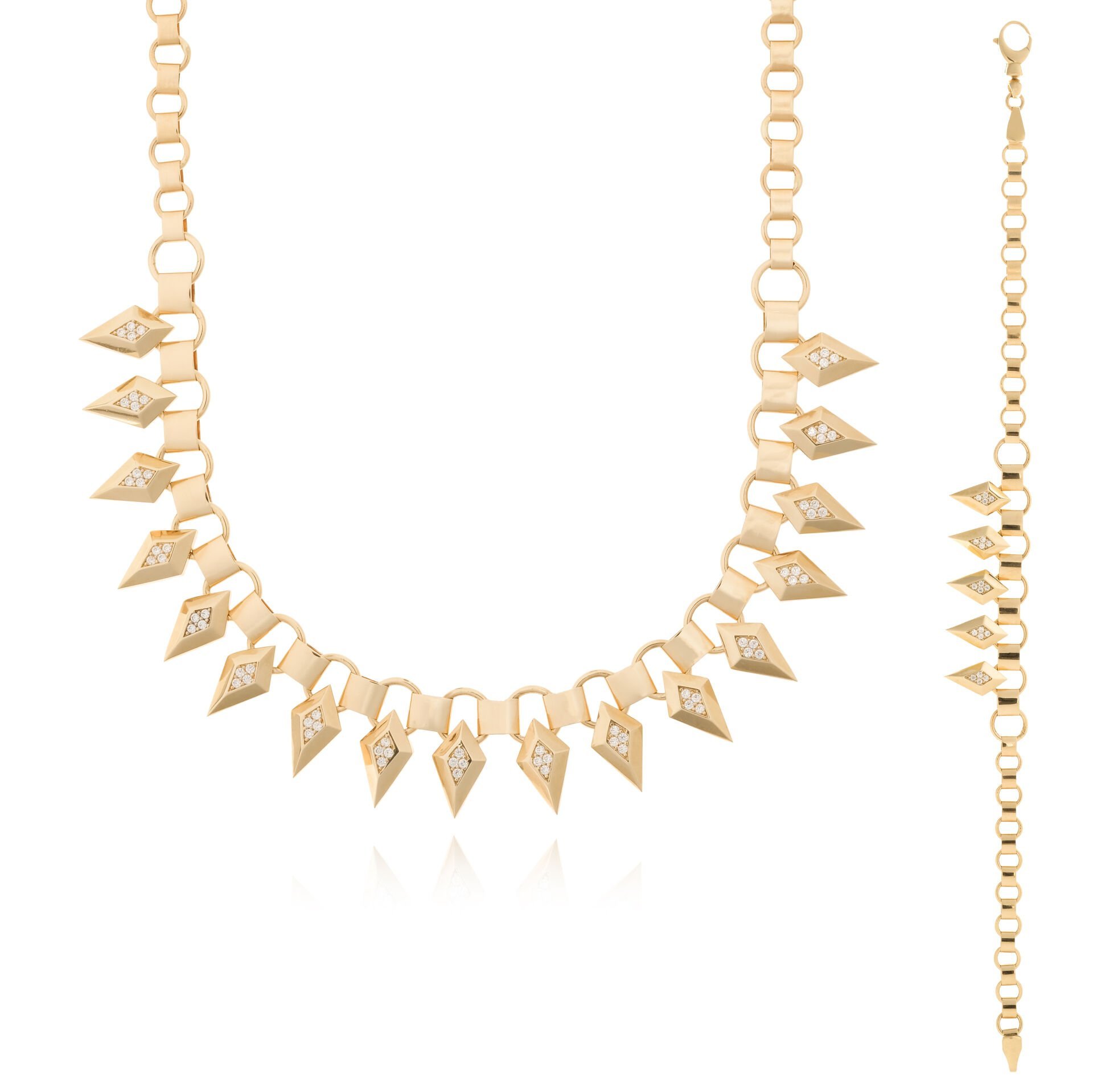 14 Ayar Altın Taşlı  Üçgen Tasarım Set (Kolye - Bileklik)