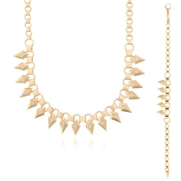 Ema 14 Ayar Altın Taşlı Üçgen Tasarım Set (Kolye - Bileklik)