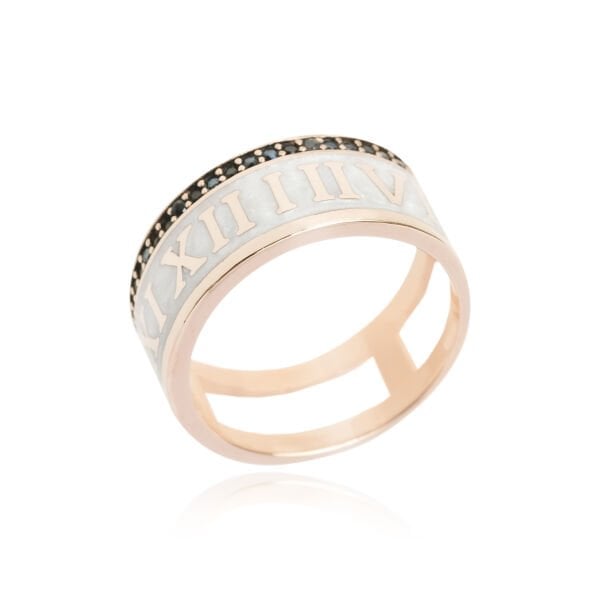 14 Ayar Altın Roma Rakamlı Beyaz Sedefli Siyah Taşlı Yüzük