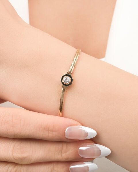 14 Ayar Altın Mineli Tektaşlı Balıksırtı Set (Kolye-Bileklik)