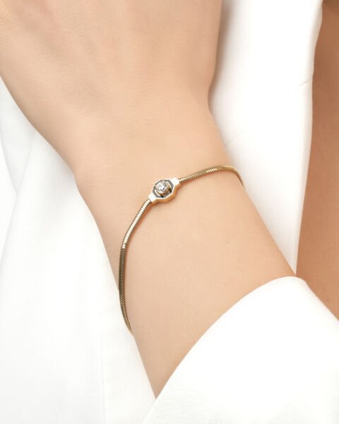 14 Ayar Altın Mineli Tektaşlı Balıksırtı Set (Kolye-Bileklik)