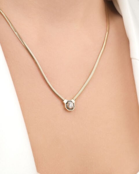 14 Ayar Altın Siyah Mineli Taşlı Balıksırtı Model Set (Kolye-Bileklik)