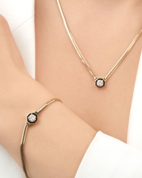 14 Ayar Altın Mineli Tektaşlı Balıksırtı Set (Kolye-Bileklik)