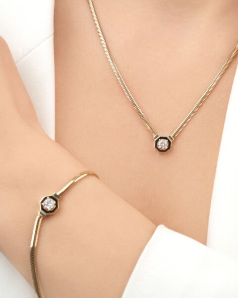 14 Ayar Altın Siyah Mineli Taşlı Balıksırtı Model Set (Kolye-Bileklik)