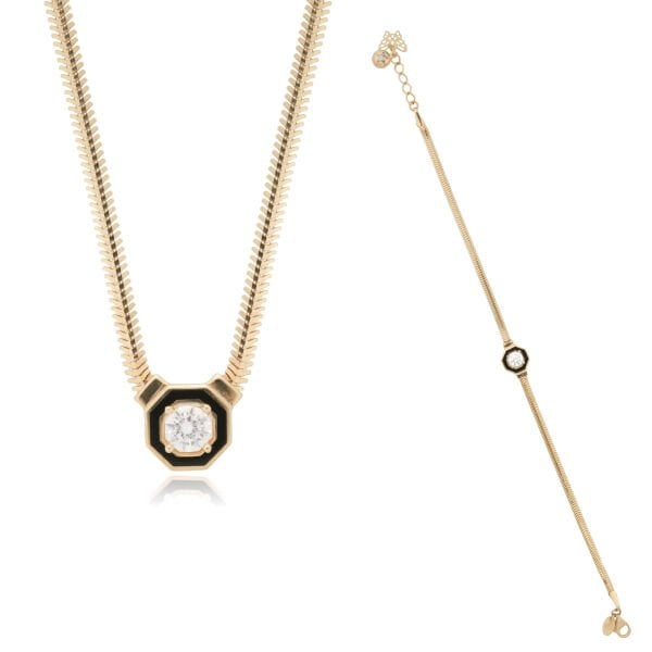 14 Ayar Altın Siyah Mineli Taşlı Balıksırtı Model Set (Kolye-Bileklik)