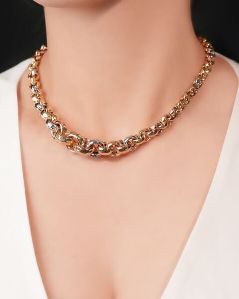 14 Ayar Altın Üç Renk Tasarım Set (Bileklik- Kolye)