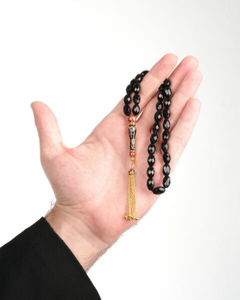 14 Ayar Altın Siyah Taşlı Altın Detaylı Tesbih