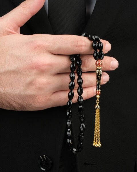 14 Ayar Altın Siyah Taşlı Altın Detaylı Tesbih