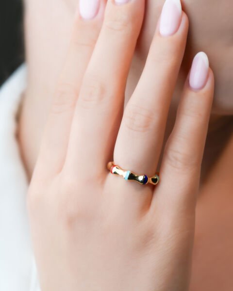 Cetaş 14 Ayar Altın Renkli Mine Detaylı Bambu Yüzük