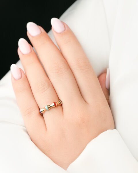 Cetaş 14 Ayar Altın Renkli Mine Detaylı Bambu Yüzük