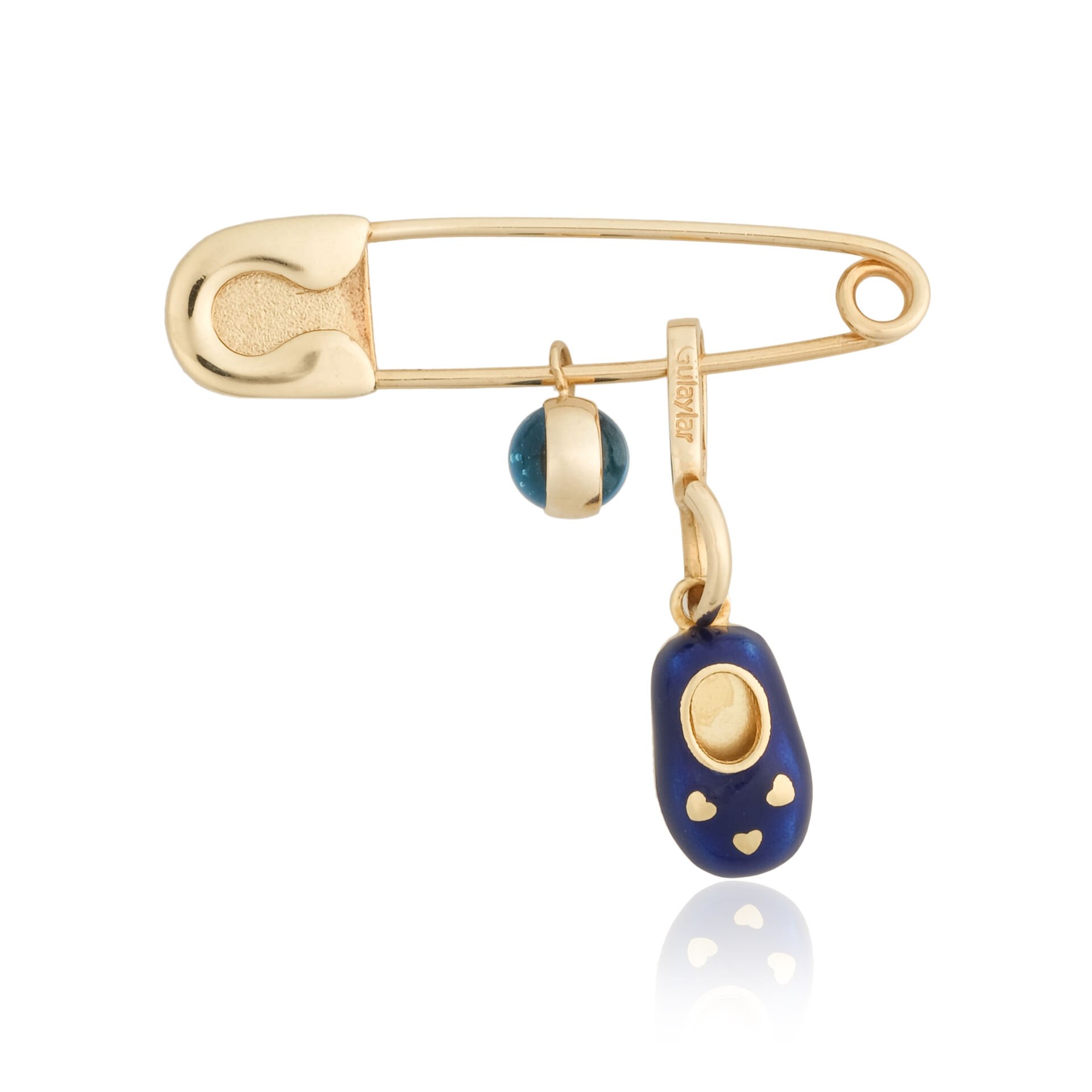 14 Ayar Mavi Mineli Patik Figürlü Altın Bebek İğnesi