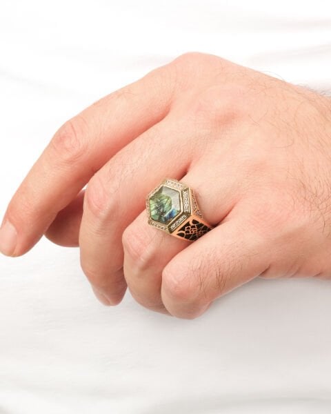 14 Ayar Altın Labradorit Taşlı İşlemeli Erkek Yüzük