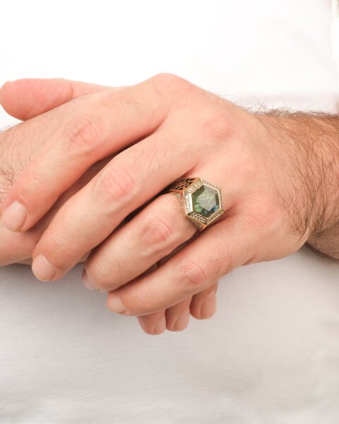 14 Ayar Altın Labradorit Taşlı İşlemeli Erkek Yüzük