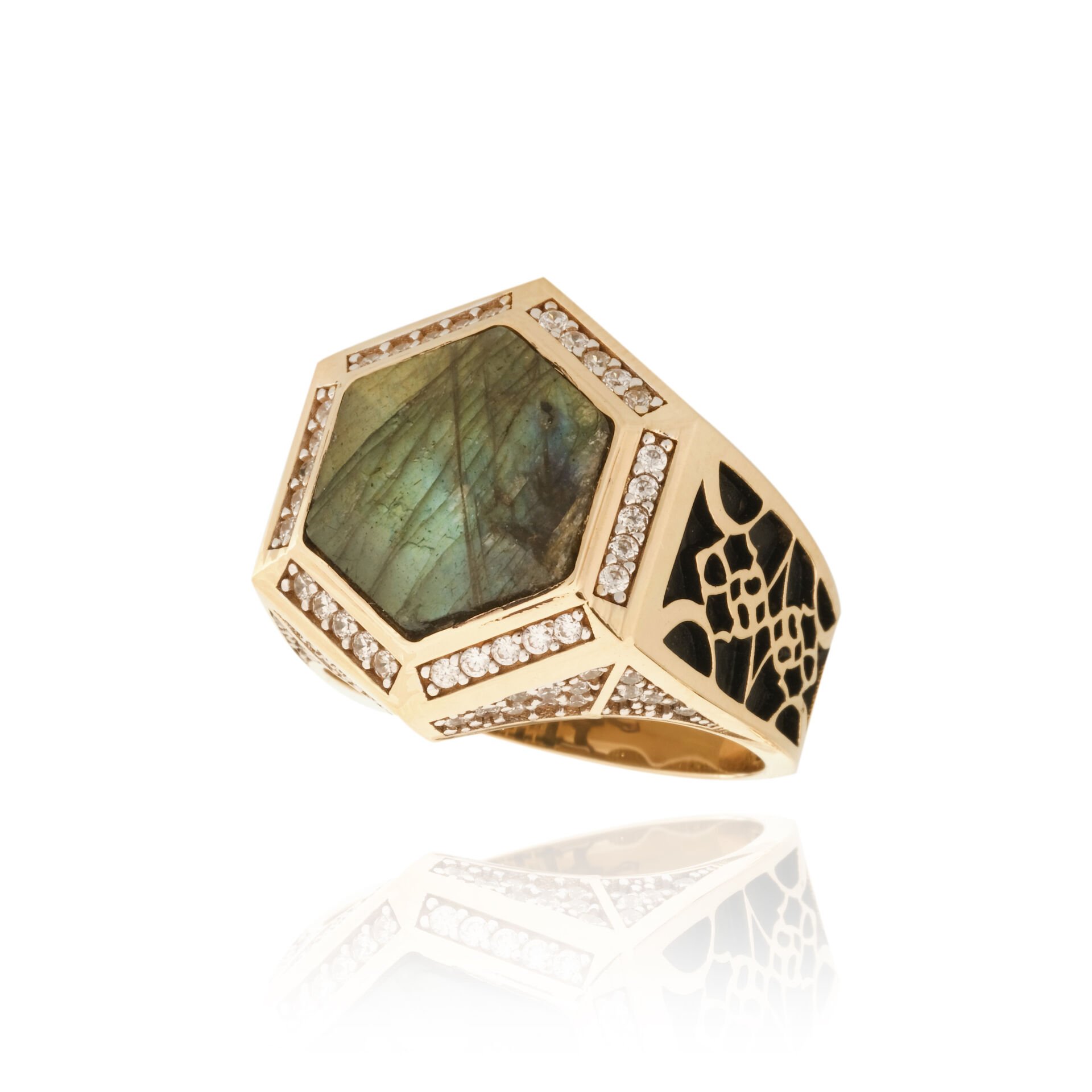 14 Ayar Altın Labradorit Taşlı İşlemeli Erkek Yüzük