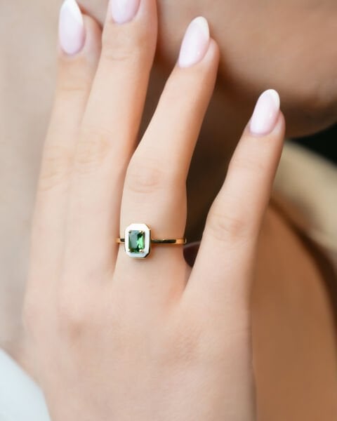 14 Ayar Altın Mineli Turmalin Taşlı Baget Yüzük