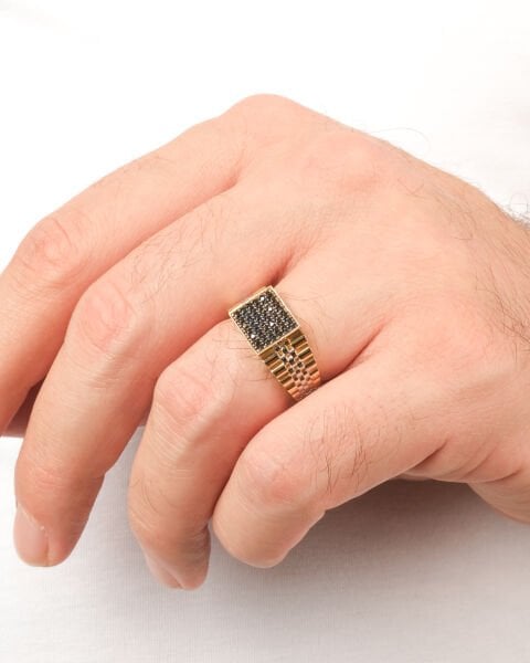 14 Ayar Altın Siyah Taşlı Kordon Model Erkek Yüzük