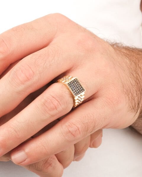 14 Ayar Altın Siyah Taşlı Kordon Model Erkek Yüzük