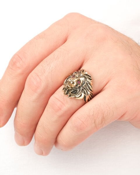 14 Ayar Altın Taşlı Aslan Başı Erkek Yüzük