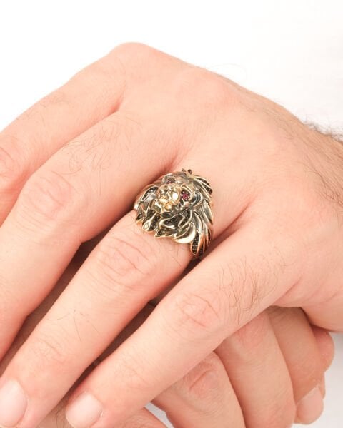 14 Ayar Altın Taşlı Aslan Başı Erkek Yüzük