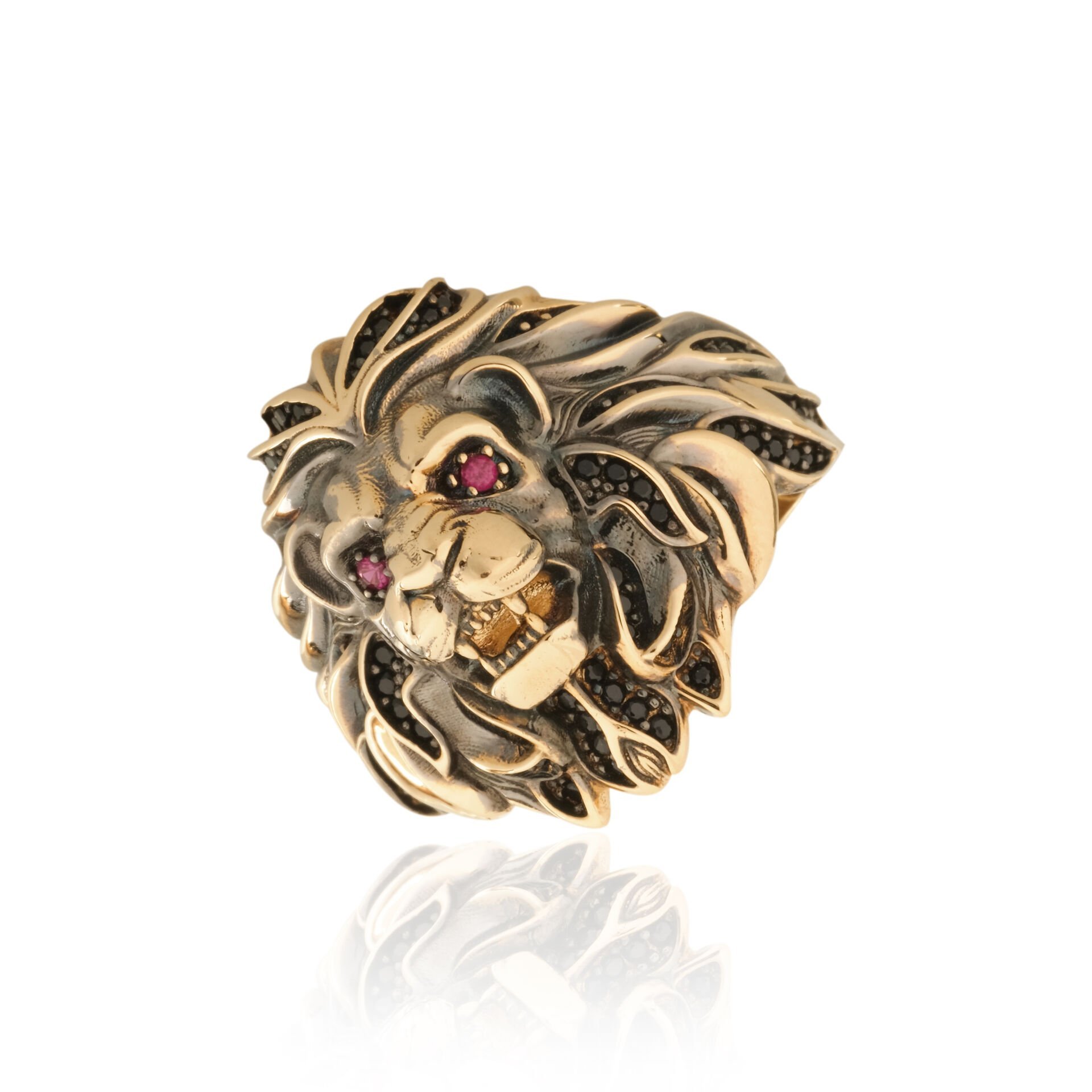 14 Ayar Altın Aslan Başı Figürlü Taşlı Erkek Yüzük