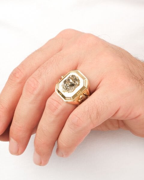 14 Ayar Altın Aslan Figürlü Taşlı Erkek Yüzük