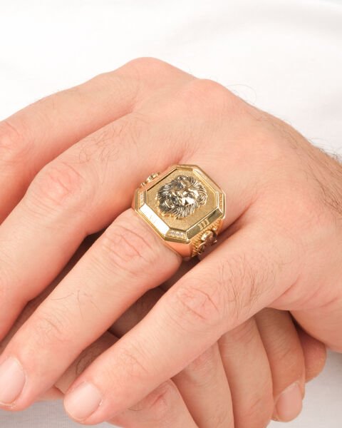 14 Ayar Altın Aslan Figürlü Taşlı Erkek Yüzük