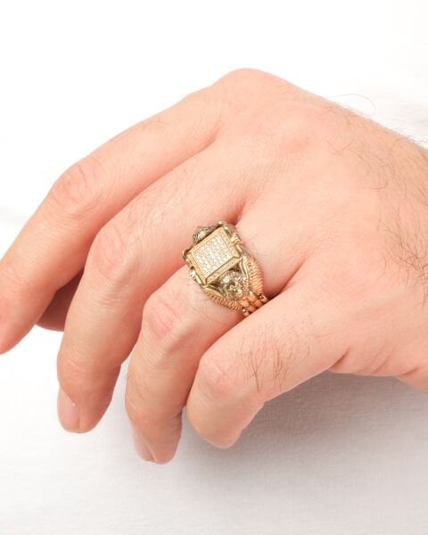 14 Ayar Altın Taşlı Aslan Figürlü Erkek Yüzük