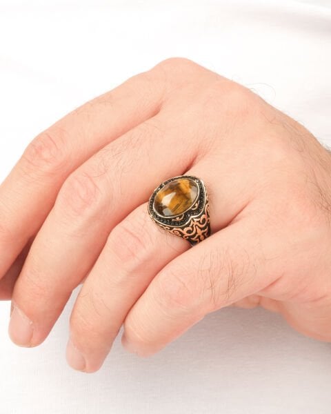 14 Ayar Altın Kaplan Gözü Taşlı Erkek Yüzük