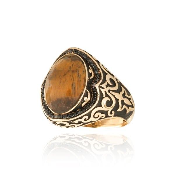 14 Ayar Altın Kaplan Gözü Taşlı  Erkek Yüzük