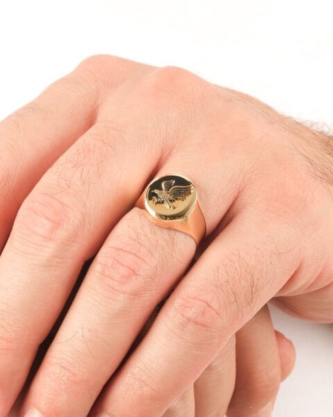 14 Ayar Altın Kartal Figürlü Oval Model Erkek Yüzük