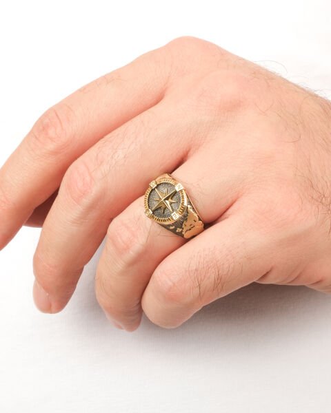 14 Ayar Altın Pusula Figürlü Erkek Yüzük