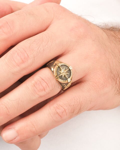 14 Ayar Altın Pusula Figürlü Erkek Yüzük