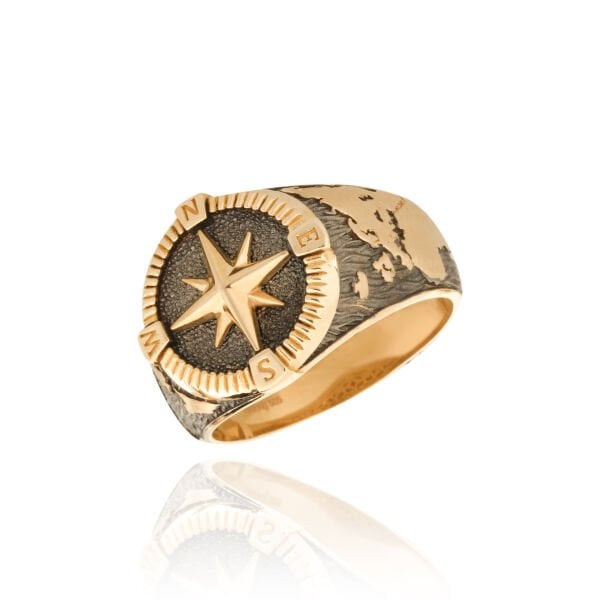 14 Ayar Altın Pusula Figürlü Erkek Yüzük