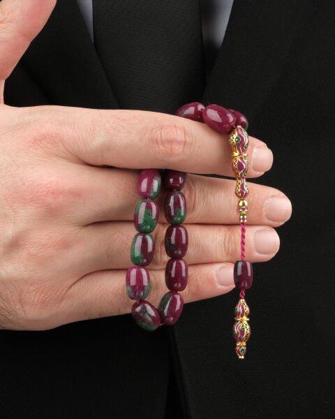 14 Ayar Altın Mor ve Yeşil Tonlu Doğaltaş Erkek Tespih