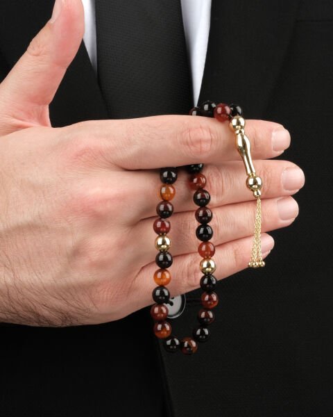 14 Ayar Altın Akik Taşlı Erkek Tesbih