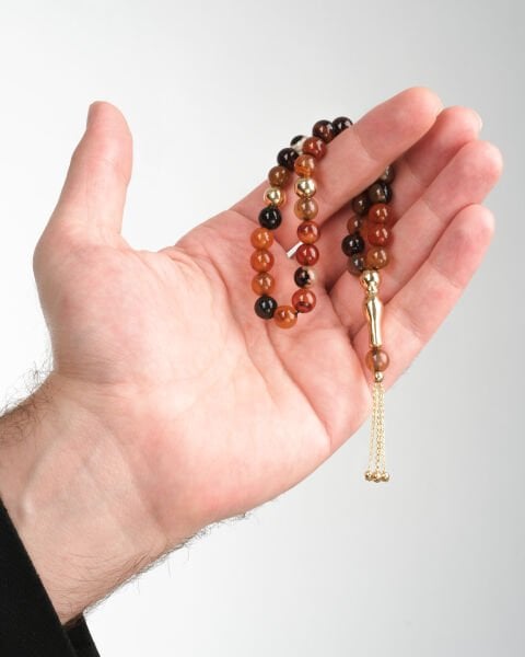 14 Ayar Altın Hareli Akik Taşlı Tasarım Tesbih