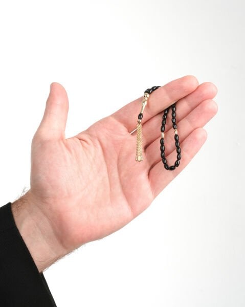 14 Ayar Oval Kesim Siyah Taşlı Altın Tesbih