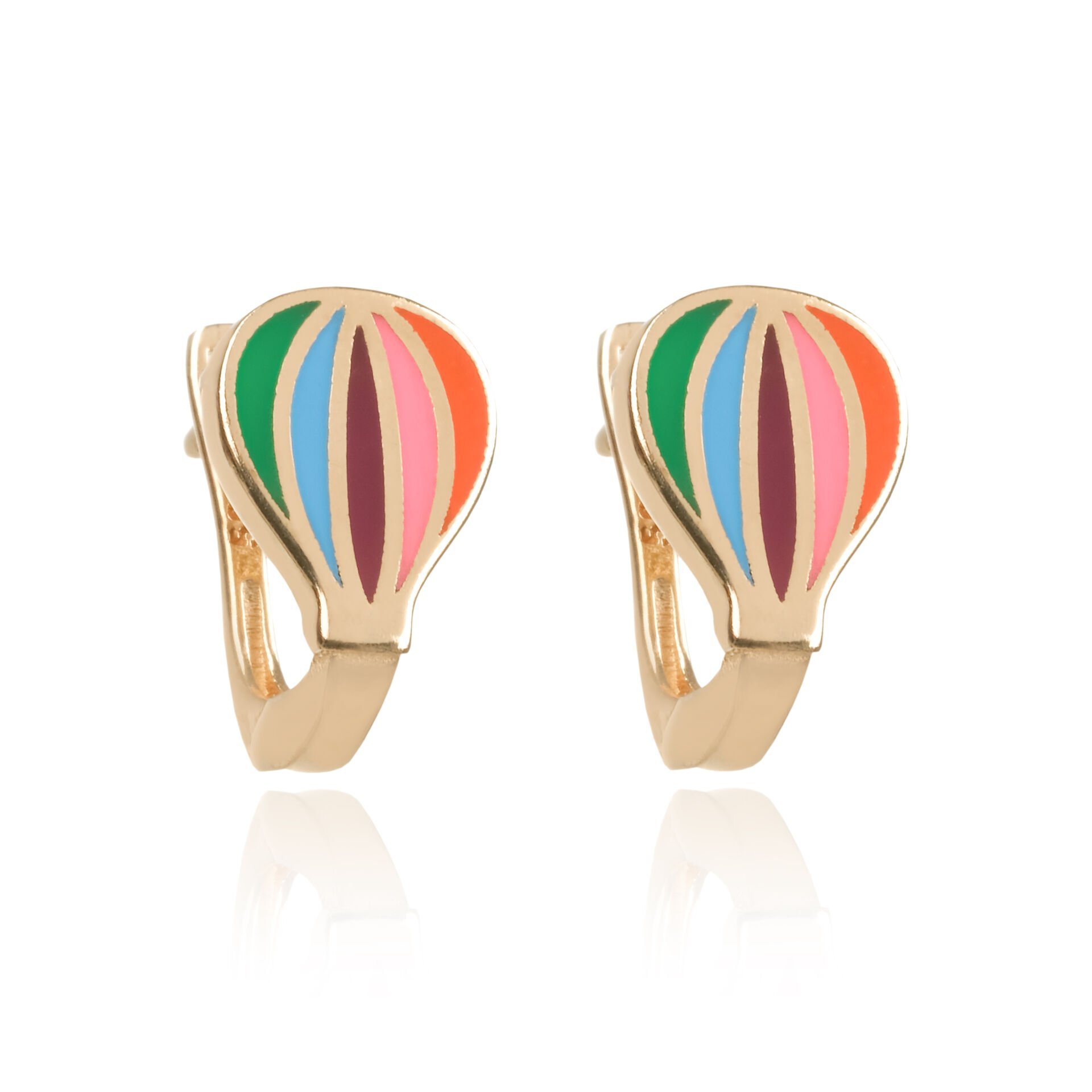 14 Ayar Altın Uçan Balon Figürlü Renkli Mineli Çocuk Küpe